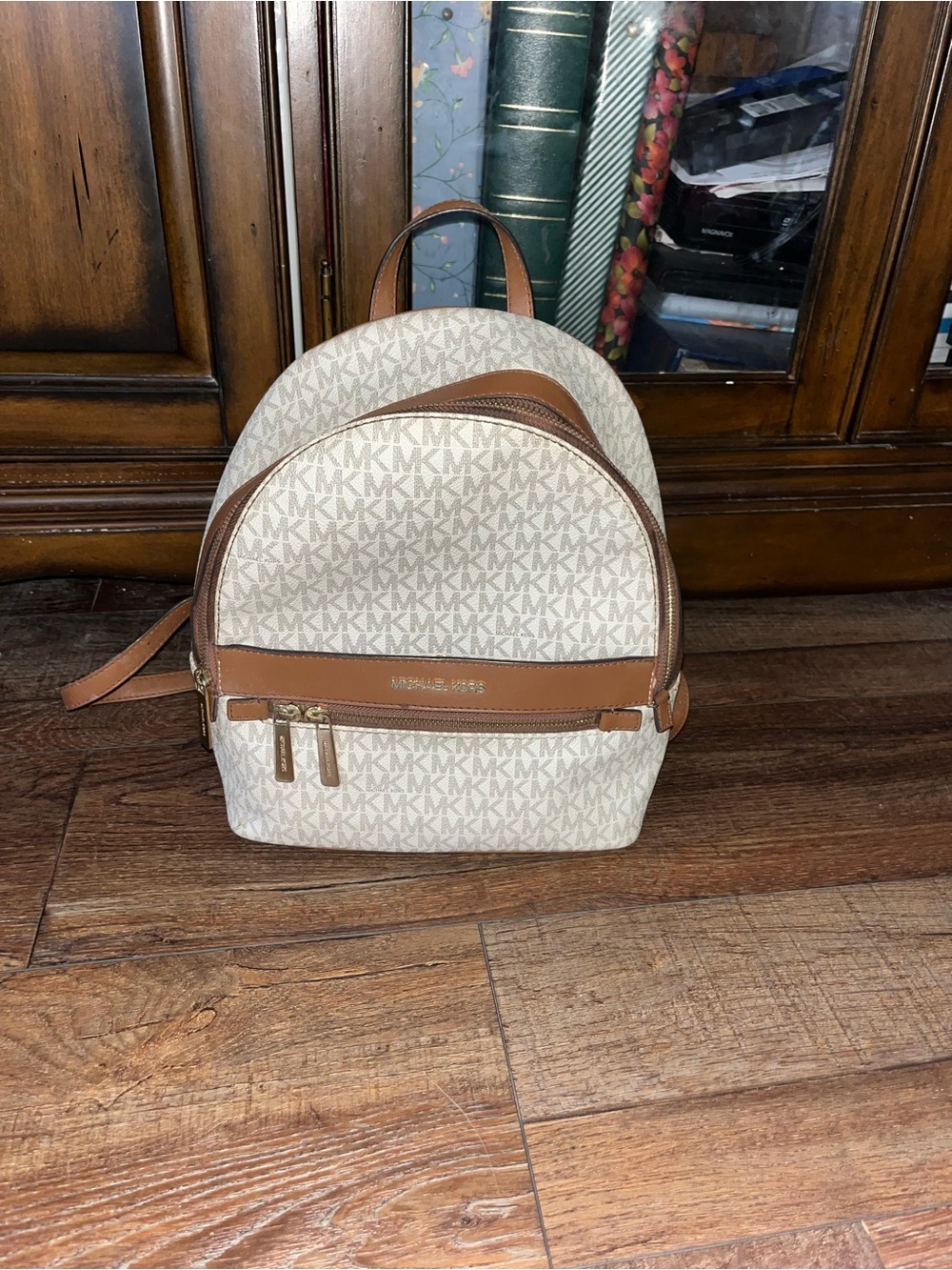 Michael Kors Cream and Brown MK Monogram Mini Backpack